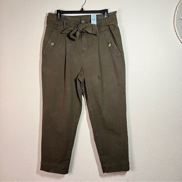 LOFT Dark Olive Green High Rise Belted Paperbag Cropped Pants Womens Size‎ 10P - Picture 1 of 11